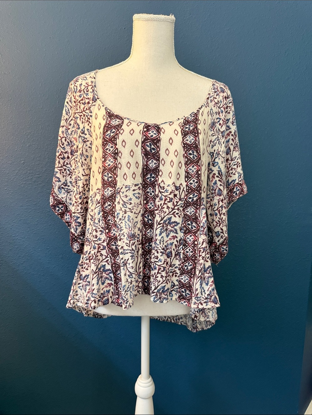 Free People Cream Tunic with Burgundy and Navy Print